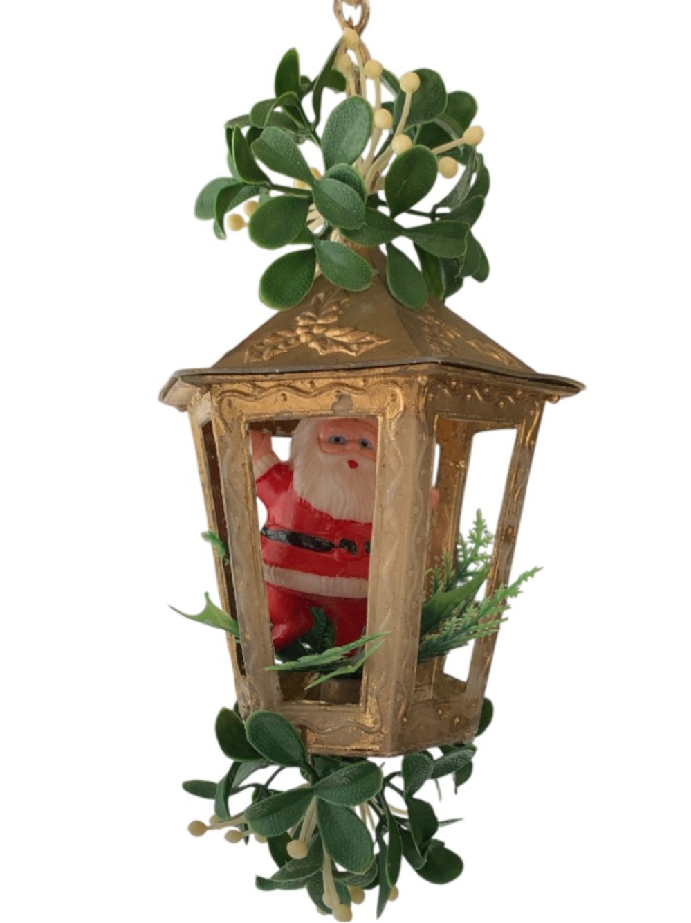 Vintage MCM Gold Hanging Lantern Santa Ornament Mistletoe